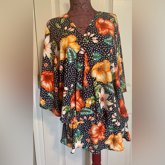 Easel Floral Print Polka Dot V Neck Tunic Top 3/4 Sleeve Oversized Sz Medium - Picture 5 of 13